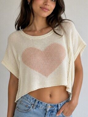 Millau Oversized Knit Sweater with Red Heart and Distressed Details